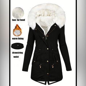 SHEIN Black Parka Coat with White Faux Fur Trim
